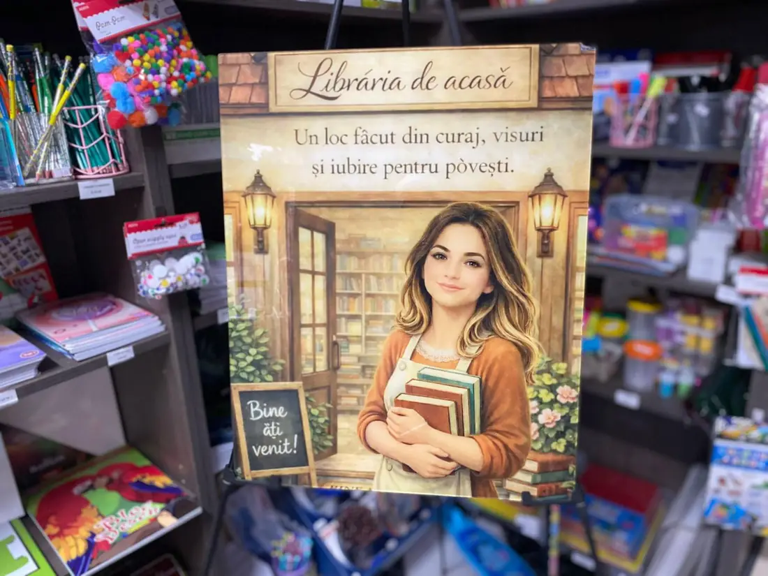 Posterul de brand pe șevalet, la intrarea în librărie